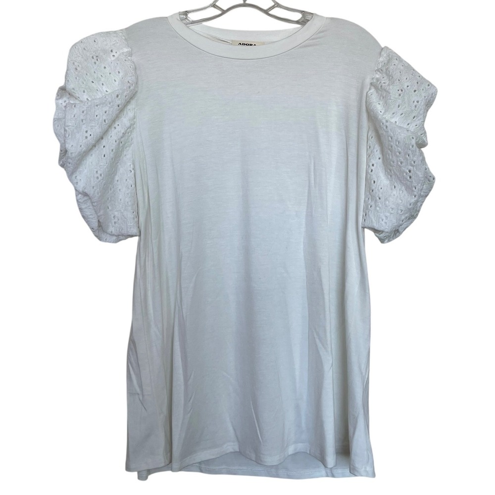 ADORA Women White Eyelet Puff Sleeve Knit Top Crew Neck Rayon Blend‎ Size Smal